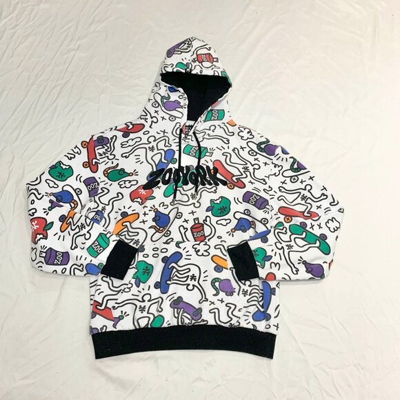 VTG Y2K 2000s Zoo York Graffiti AOP Hoodie Mens XL Skater Hip Hop Streetwear - Picture 1 of 7